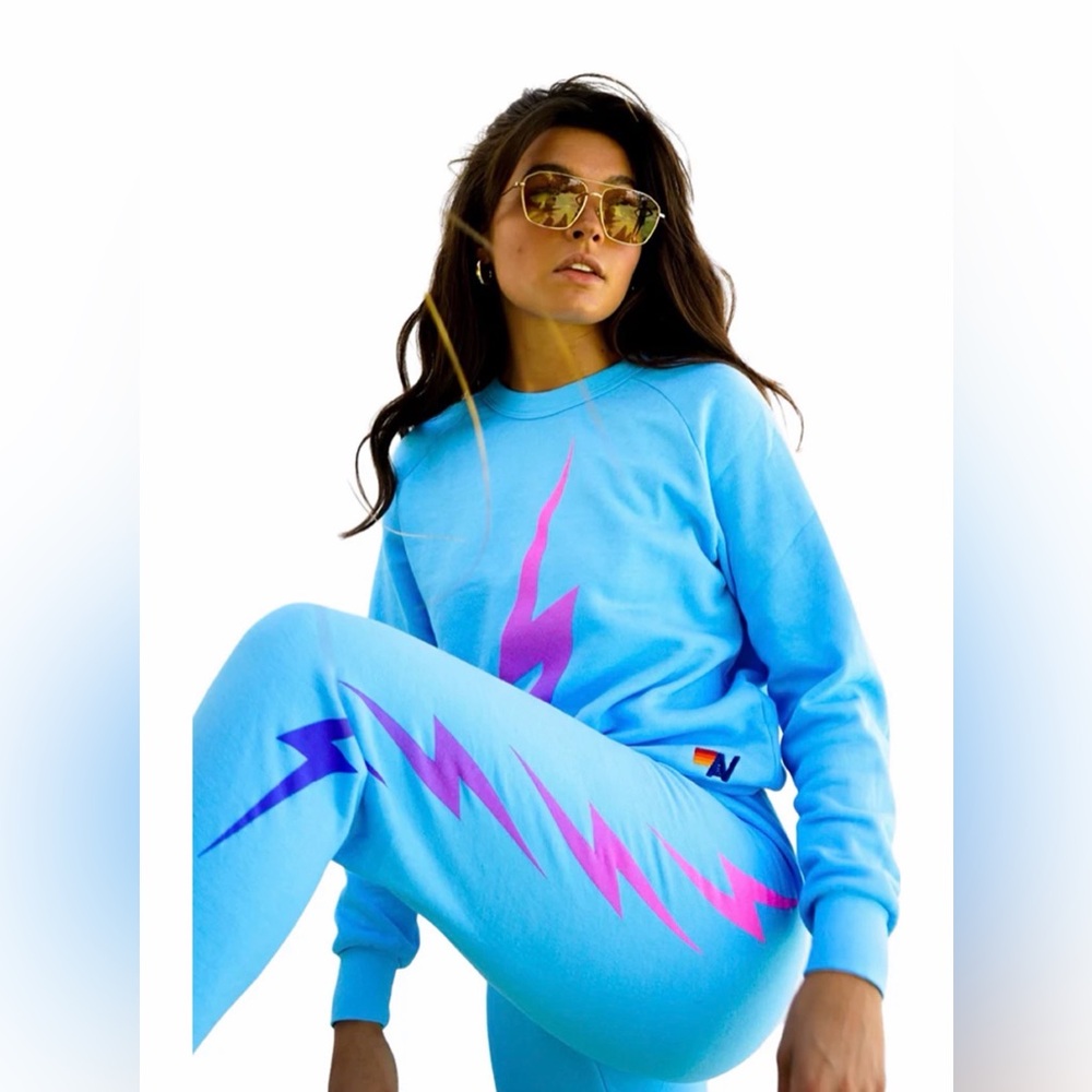 Aviator Nation Bolt Fade Crew Sweatshirt & sweatpants  in Sky /Pink Purple Small